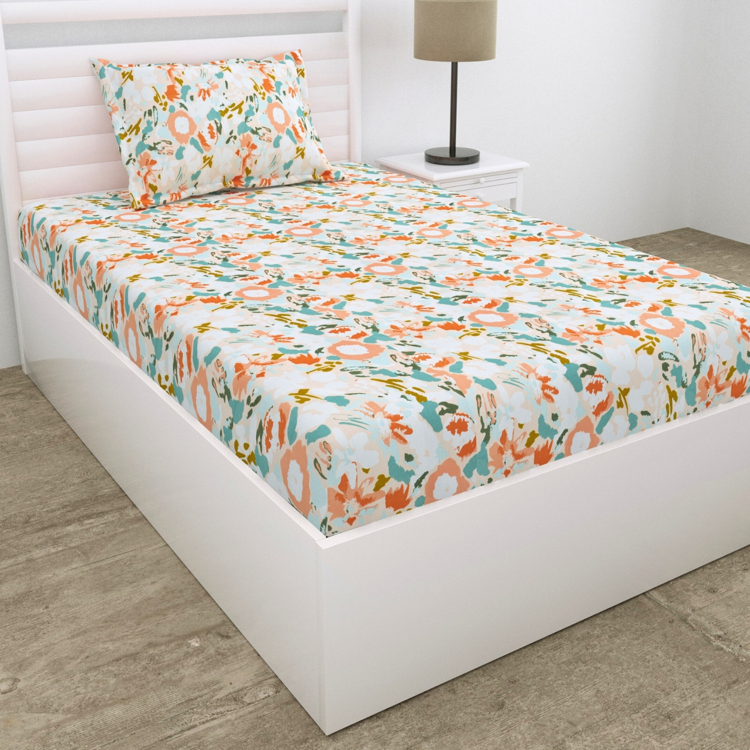 Image of haus & kinder Cotton Single Fitted (Elastic) 186 TC Printed 1 Bedsheet with 2 Pillow Covers