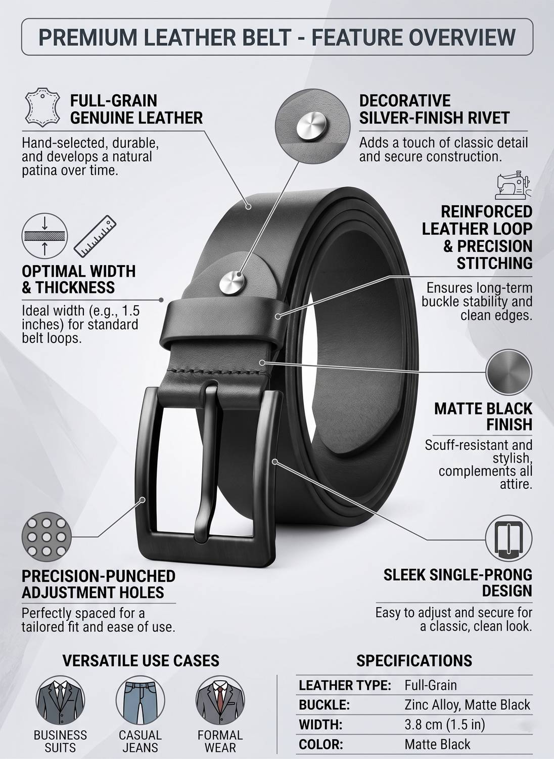 Roadster Men Black Leather Belt - Image 3