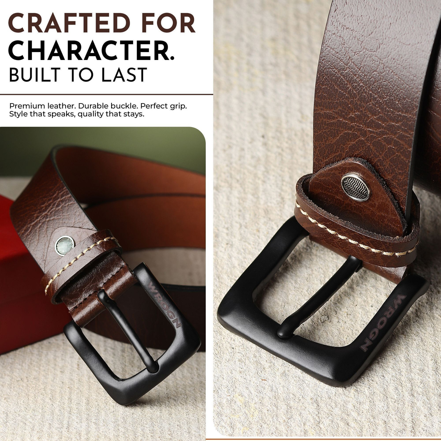 Image of WROGN Men Formal, Casual, Evening, Party Brown Genuine Leather Belt