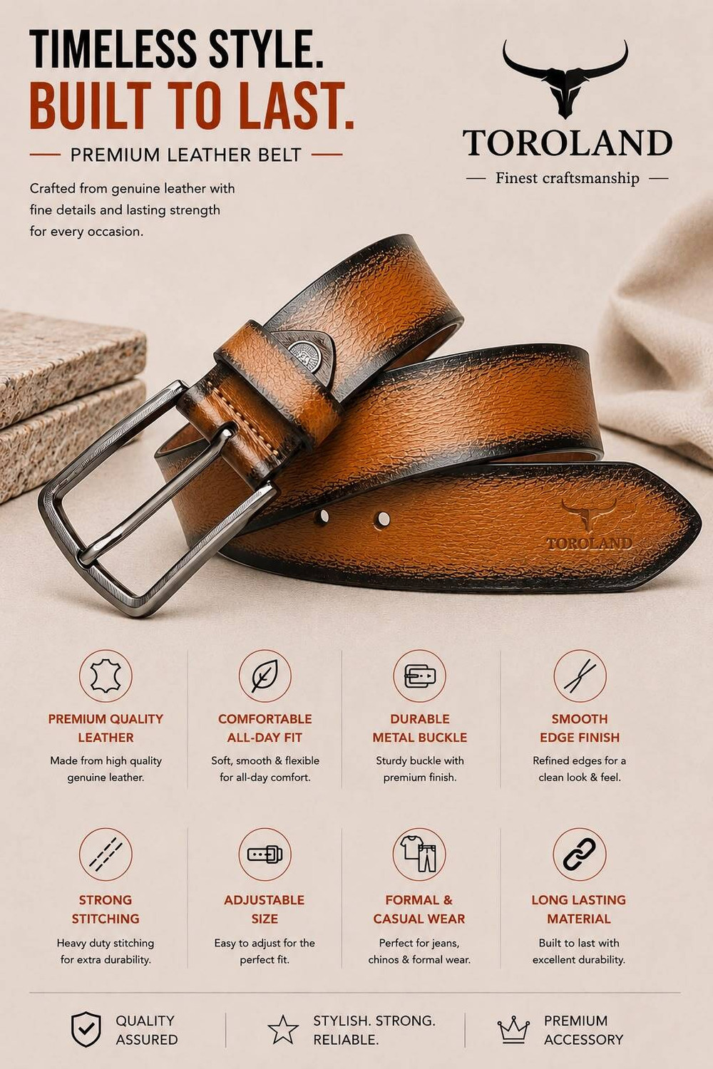 Image of TOROLAND Men Casual Tan Genuine Leather Belt