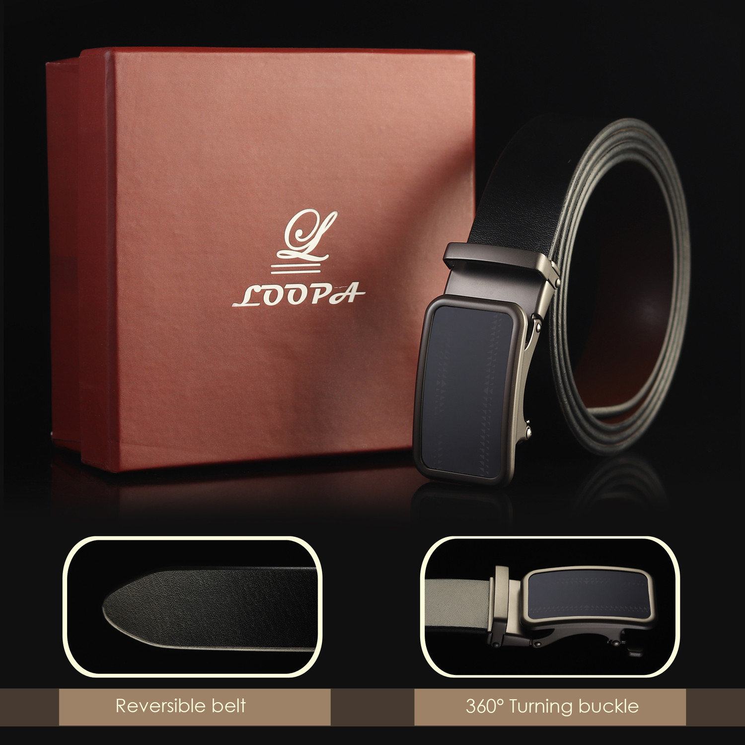 Image of LOOPA Men Formal Black Genuine Leather Reversible Belt