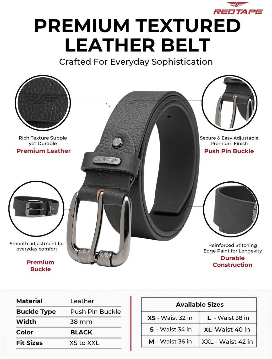 Image of RED TAPE Men Formal Black Genuine Leather Belt