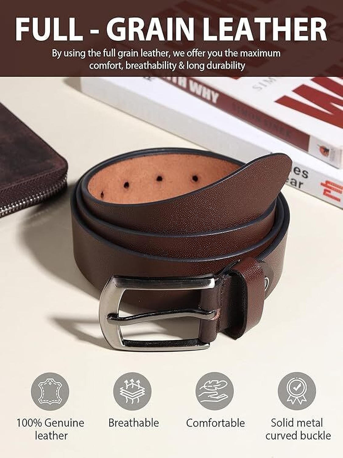 Image of KAEZRI Men Casual, Evening, Formal, Party Brown Genuine Leather Belt