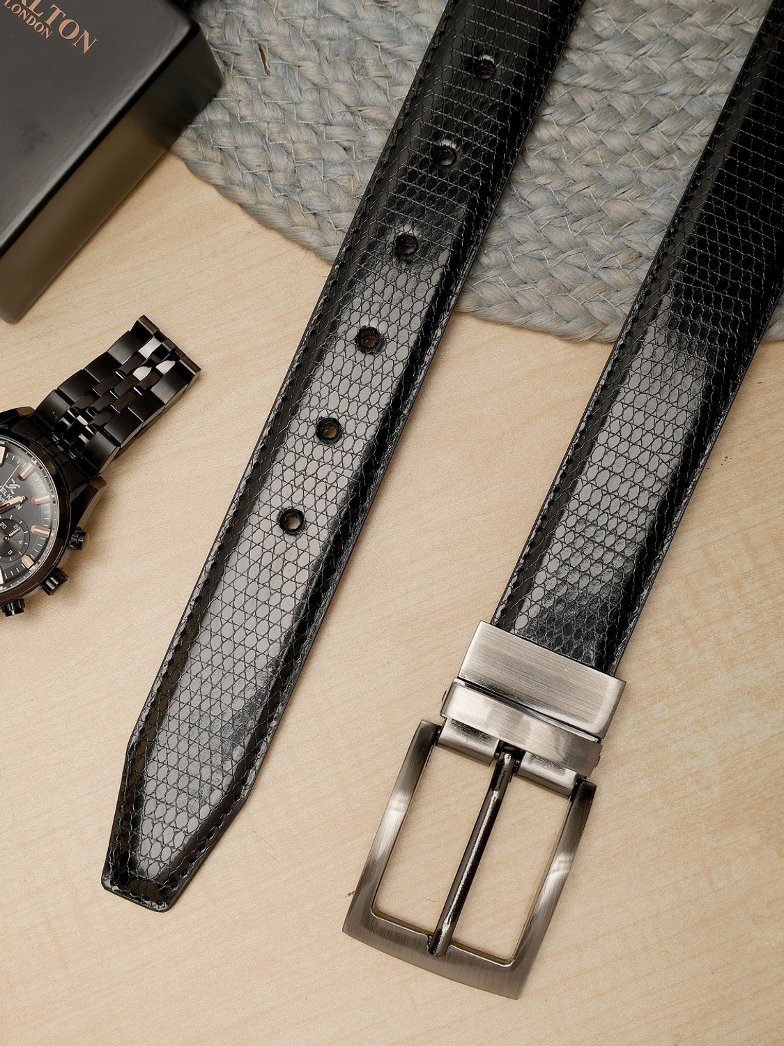 Image of Roadster Men Casual, Formal Black Texas Leatherite Reversible Belt