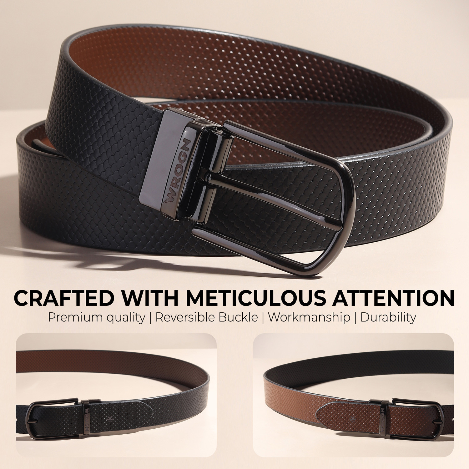 Image of WROGN Men Formal, Casual, Evening, Party Black, Brown Genuine Leather Reversible Belt