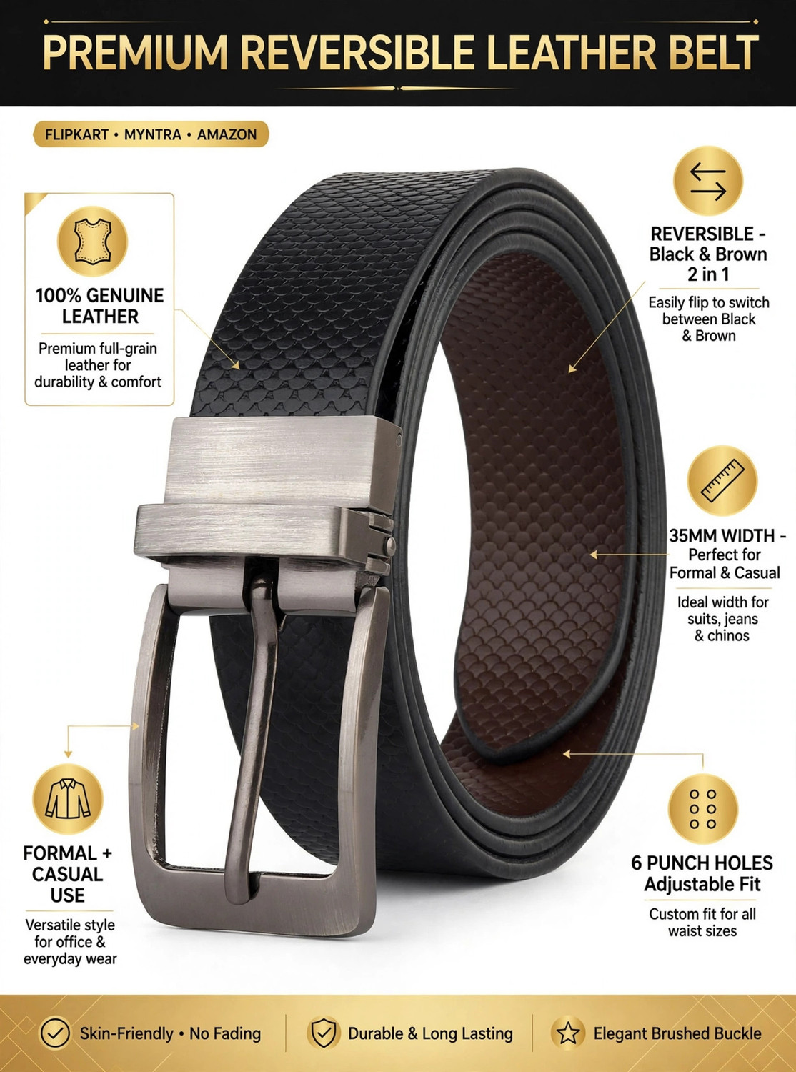 Image of LEOWINGS Men Formal Black Genuine Leather Reversible Belt