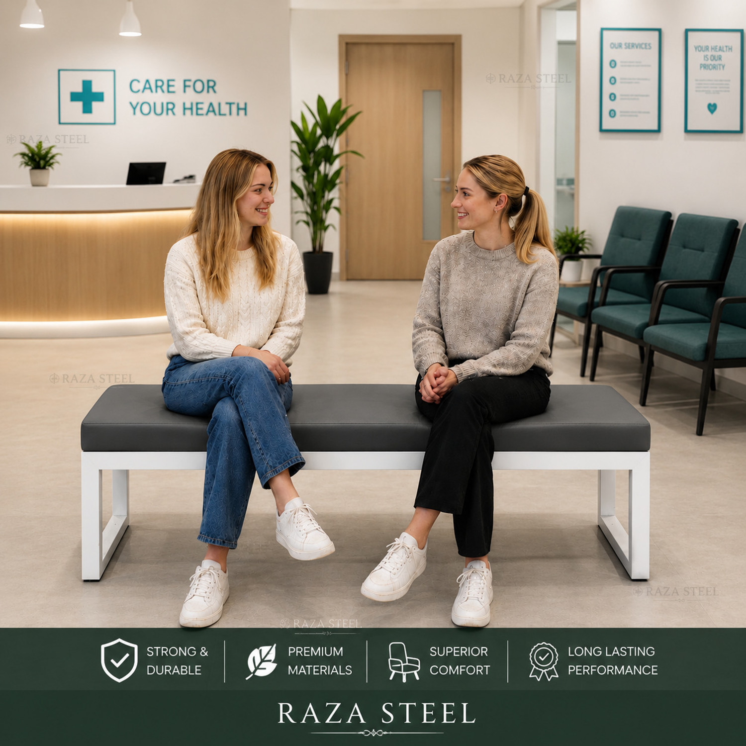 Image of RAZASTEEL Metal Cushion Bench Hospital & Clinic Waiting Bench White Powder Coating Leather 2 Seater