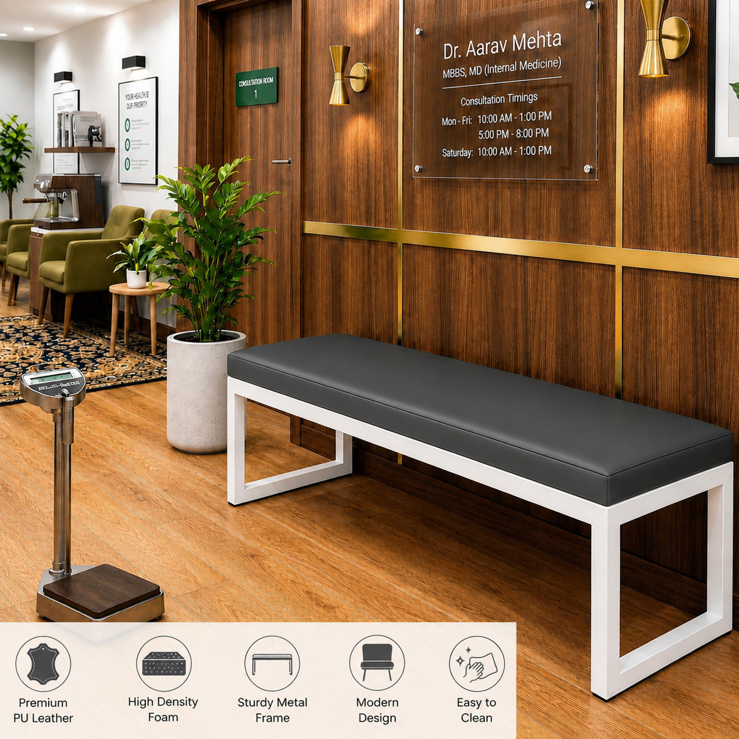 Image of RAZASTEEL Metal Cushion Bench Hospital & Clinic Waiting Bench White Powder Coating Leather 2 Seater