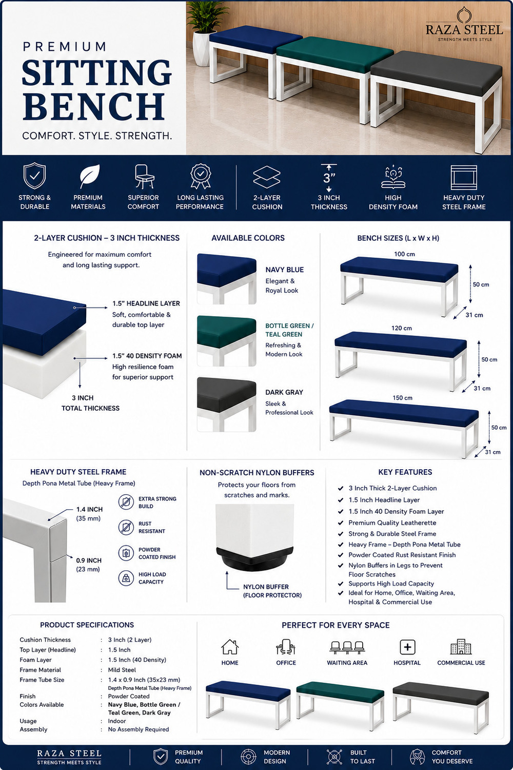 Image of RAZASTEEL Metal Cushion Bench Hospital & Clinic Waiting Bench White Powder Coating Leather 2 Seater