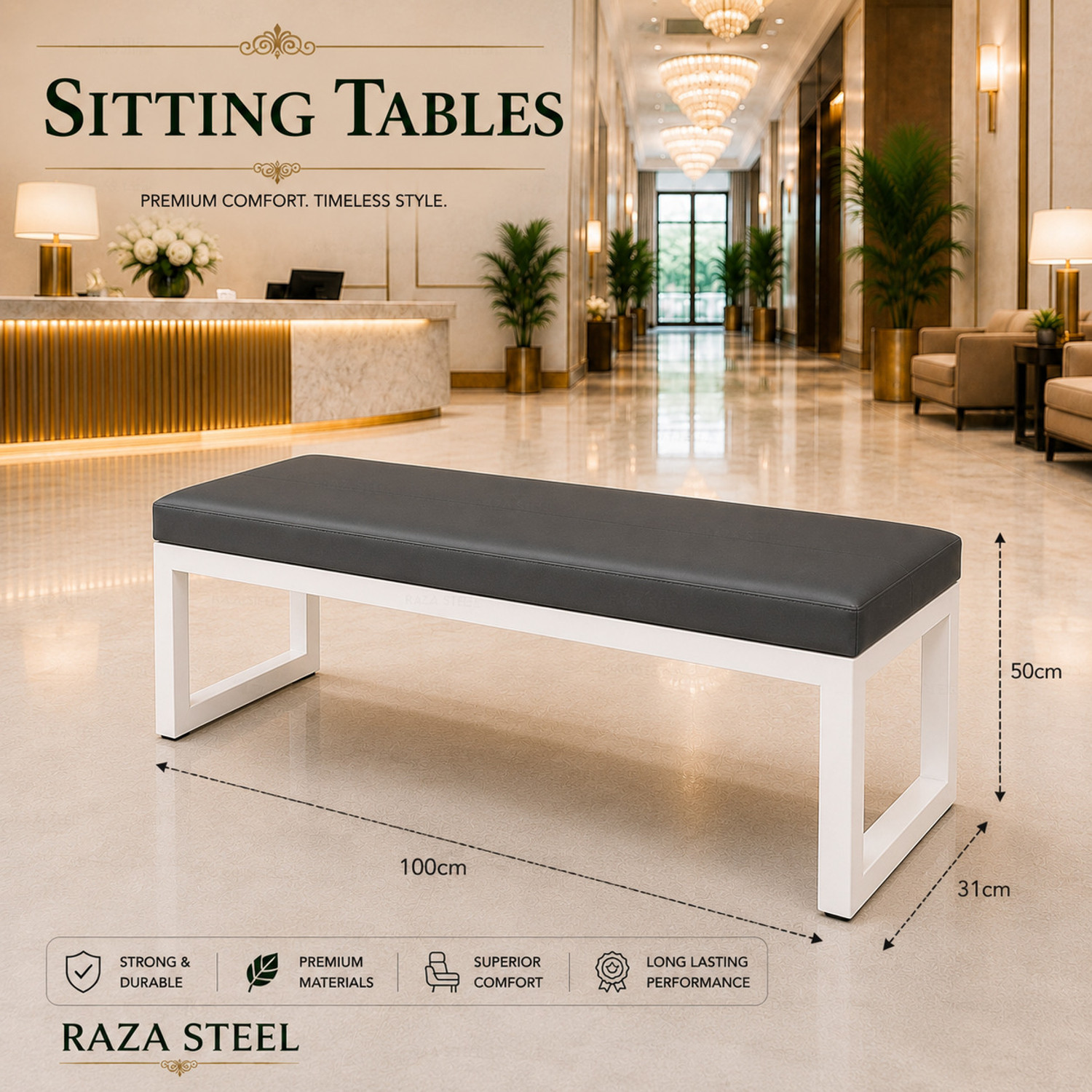Image of RAZASTEEL Metal Cushion Bench Hospital & Clinic Waiting Bench White Powder Coating Leather 2 Seater