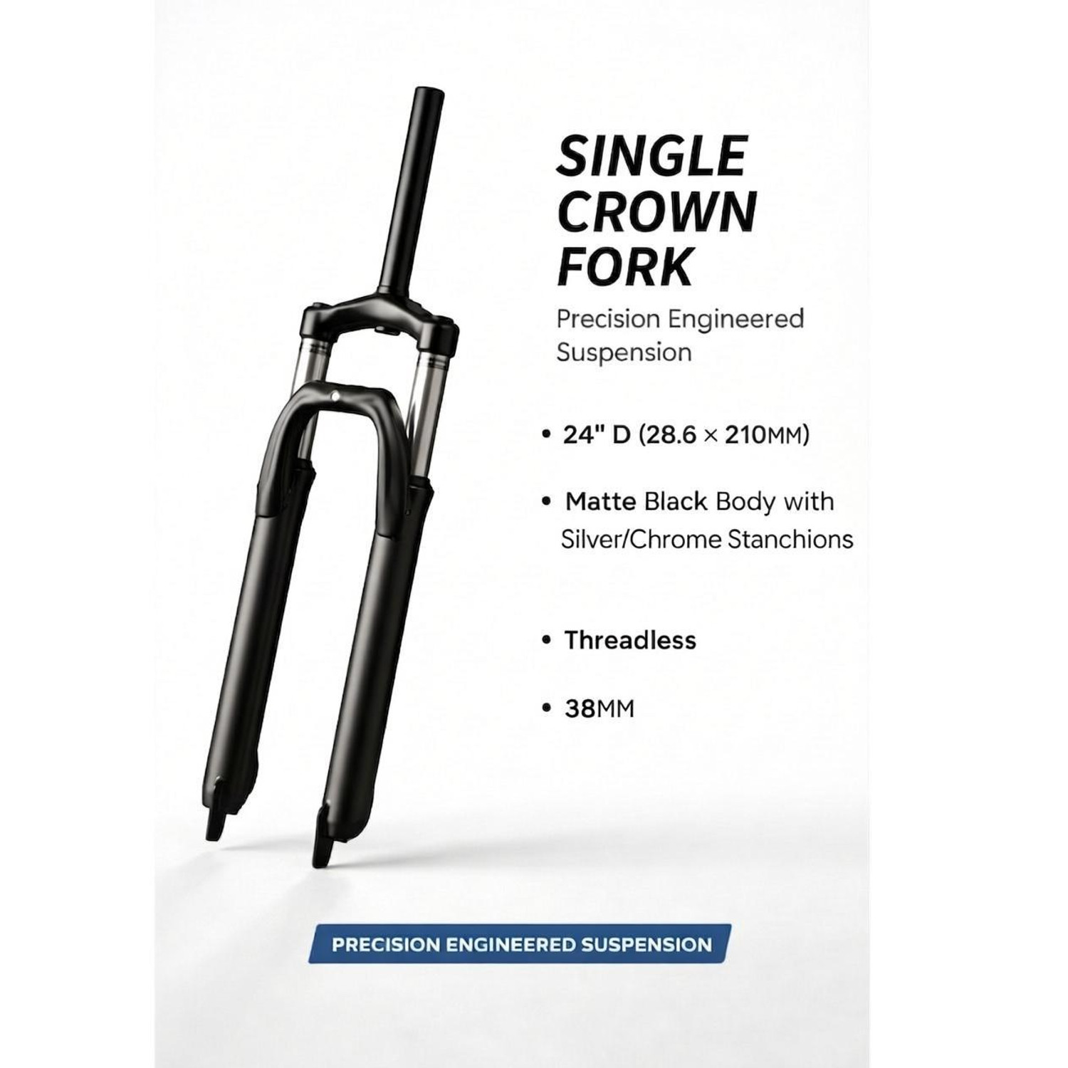 Furix Single Crown Threadless Suspension Fork 24'' for Mountain Bike, 38mm Stanchions Steel Mountain Bike Bicycle Fork