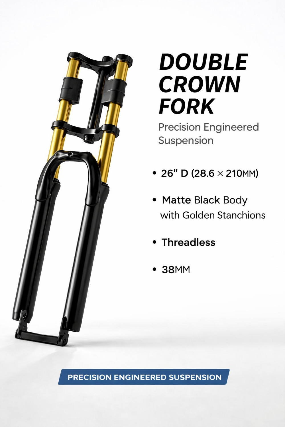 Image of Furix Double Crown Suspension Fork for 26 inch MTB - Matte Black & Gold (Threadless,38mm) Steel Mountain Bike Bicycle Fork