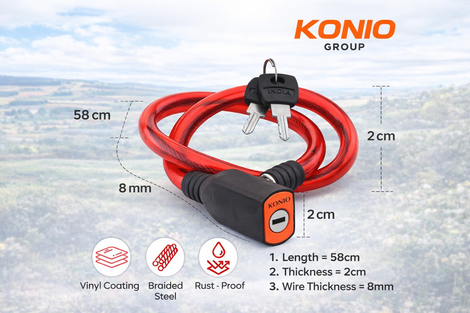 Image of KONIO Steel Cable Lock Anti Theft Push Lock For Multipurpose Uses with 3 Keys (Red). Cycle Lock