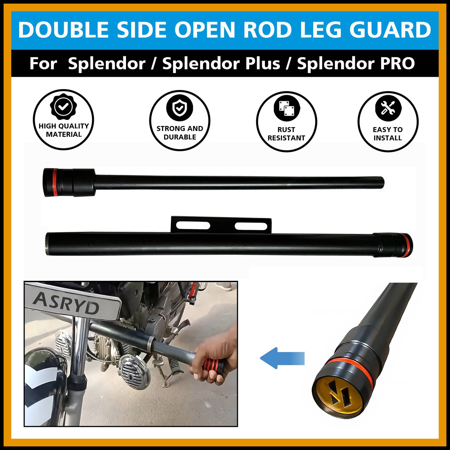 ASRYD Heavy Double Side Open Rod Leg Guard for Splendor/Splendor Plus/Splendor PRO Bike Crash Guard