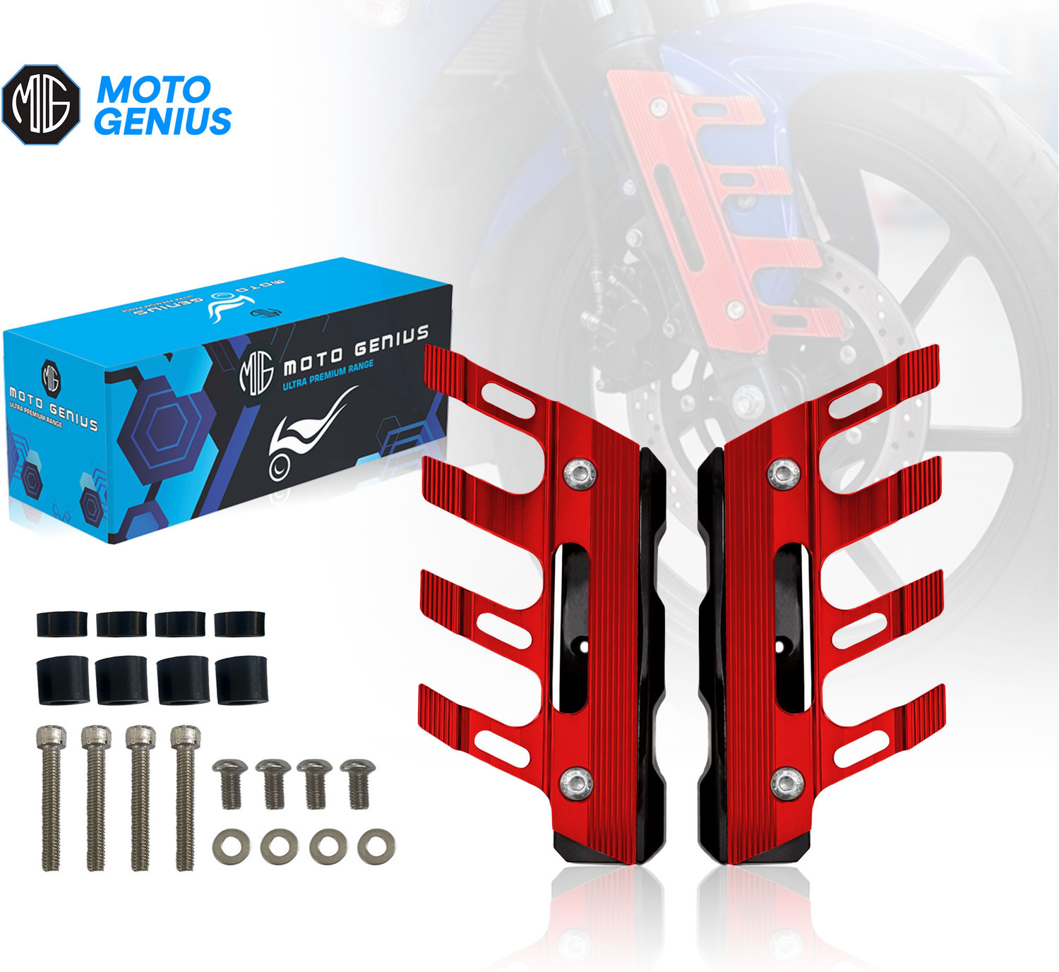 Image of Moto Genius CNC Aluminum Motorcycle Front Fork - Anti-Slip Shock Absorber Protector (Red) Bike Crash Guard (Universal For Bike)