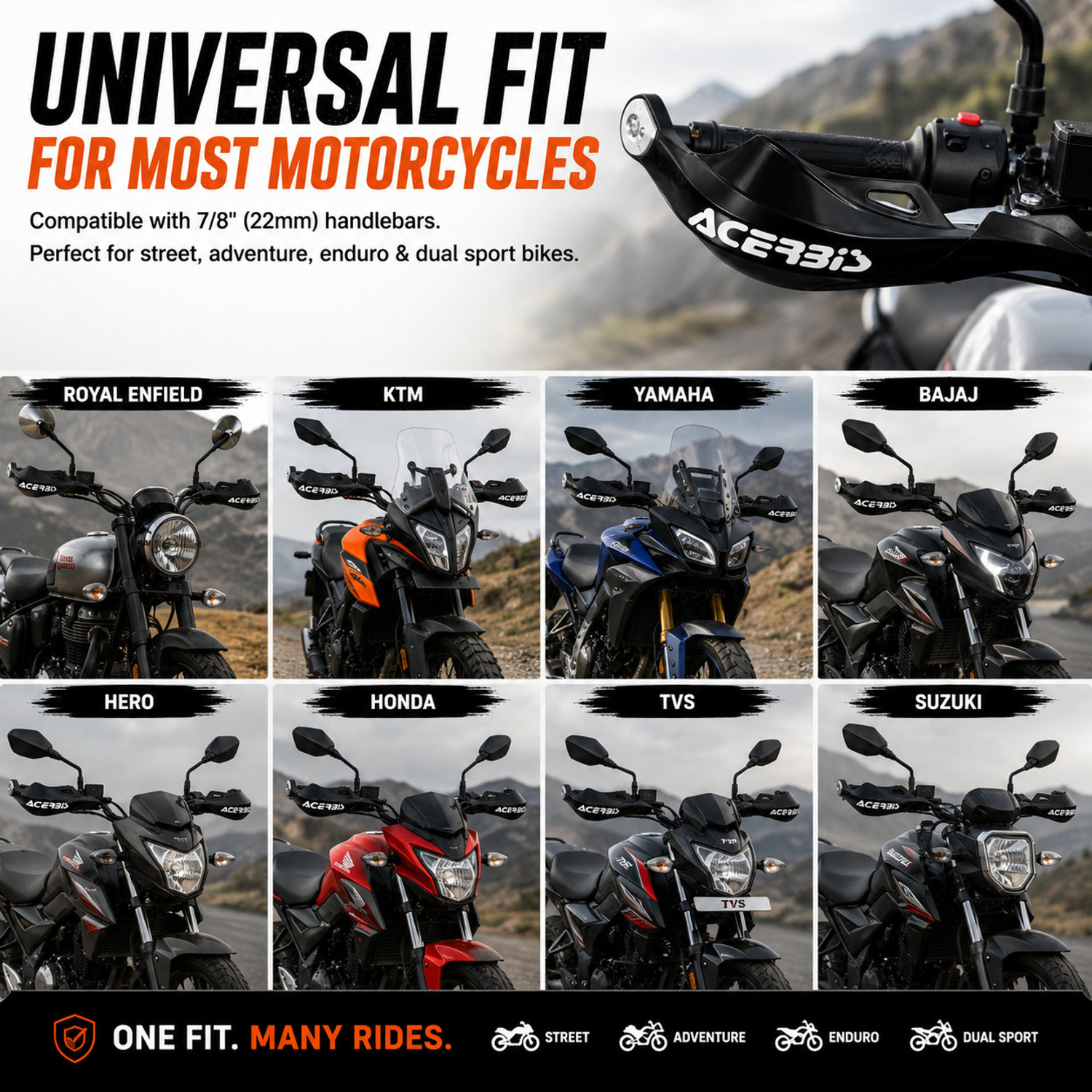 Image of SSB MOTO Acerbis Universal Motorcycle Hand Protector Guard Set with Mount Kit Handlebar Hand Guard