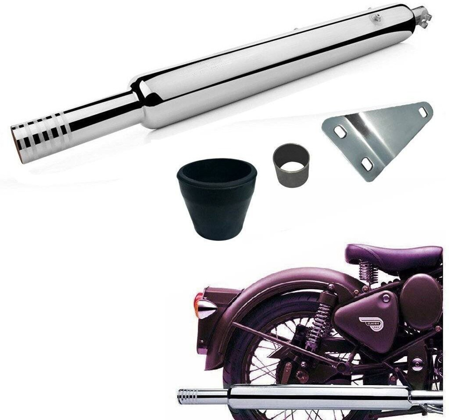 Image of WORDZ Long Bottle Empty Chrome Bada Punjab Exhaust silencer Royal Enfield Classic 350 Full Exhaust System