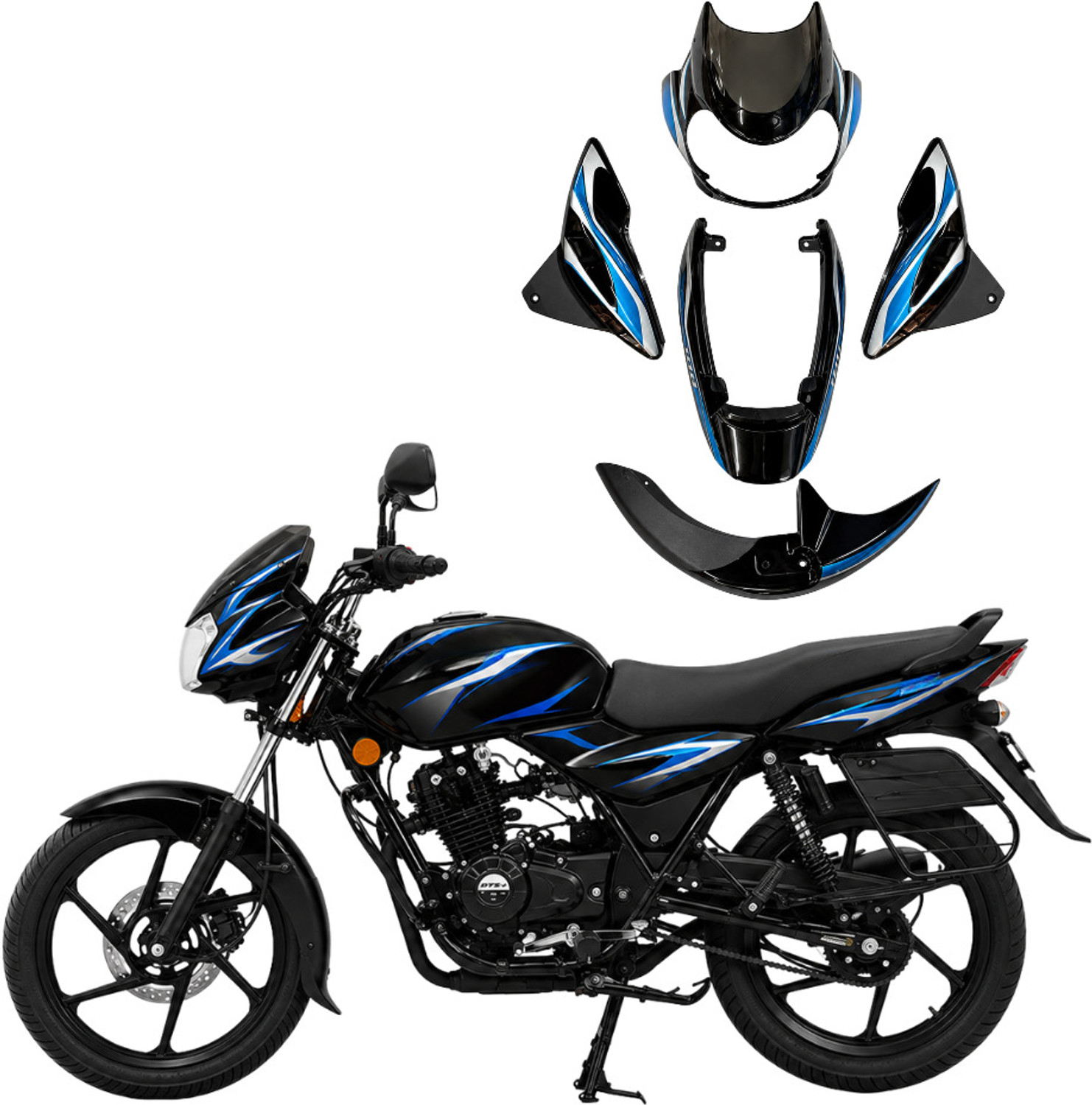 Image of PLASTTEK OPBK-178 Full Body Kit for Discoverr 100 Black Blue Sticker ( 6 pieces ) Bike Fairing Kit