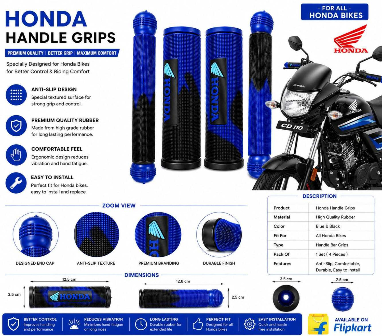 Image of MotoBlink Honda Premium Motorcycle Handle Grip Set Handle Bar Grip For Honda SP125, Shine, CB Shine