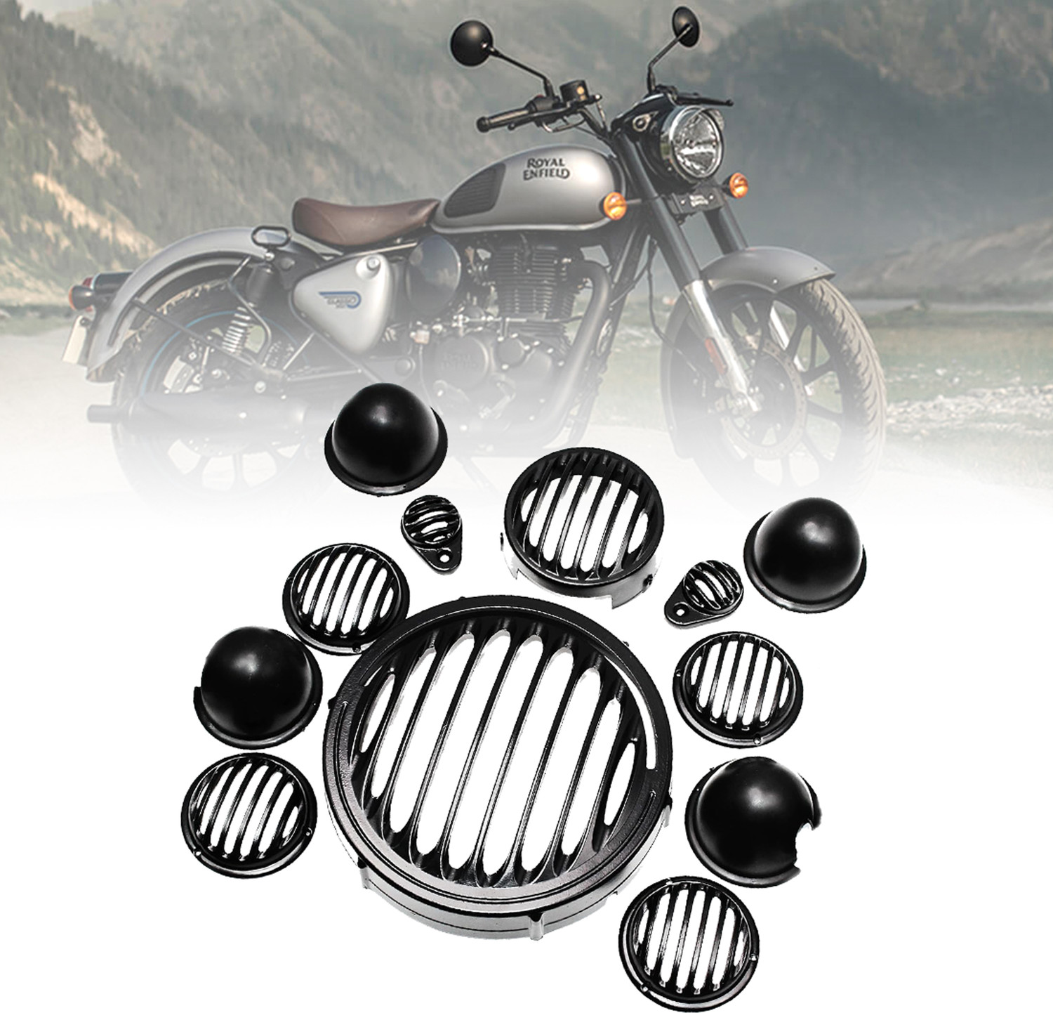 Image of Moto Genius Headlight Grill / Jali Cover with Tail Lamp, Indicator, Eyes Set For Reborn 350 Bike Headlight Grill