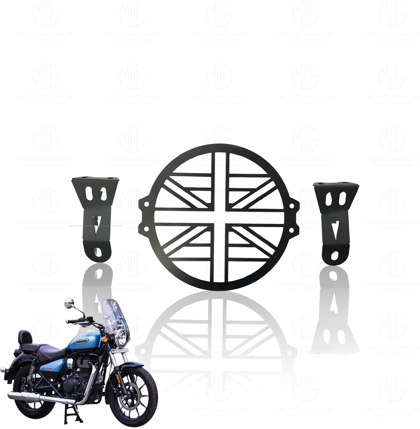 Image of Moto Genius Front Headlight Grill Guard for Meteor | Durable Metal Protector | Plus Design Bike Headlight Grill