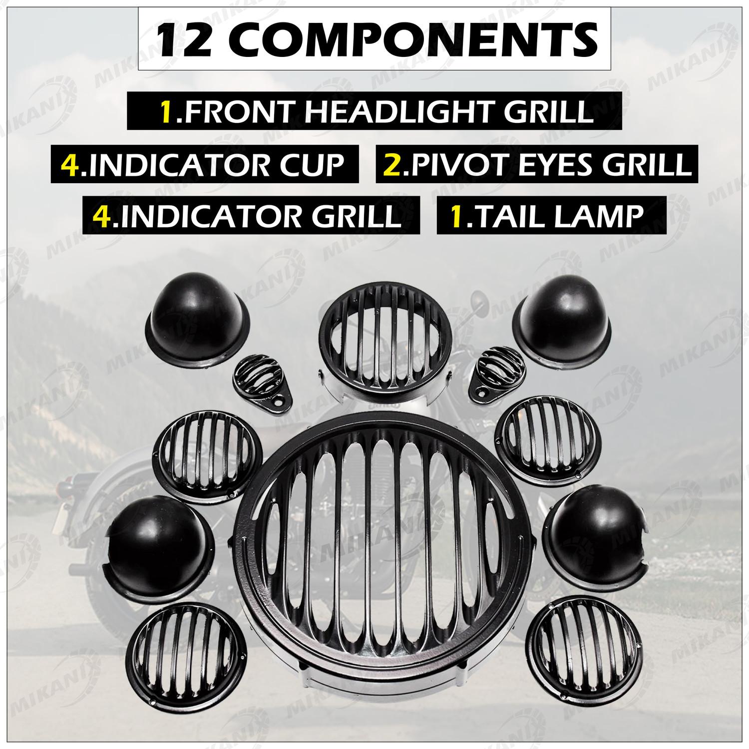 Image of Moto Genius Headlight Grill / Jali Cover with Tail Lamp, Indicator, Eyes Set For Reborn 350 Bike Headlight Grill