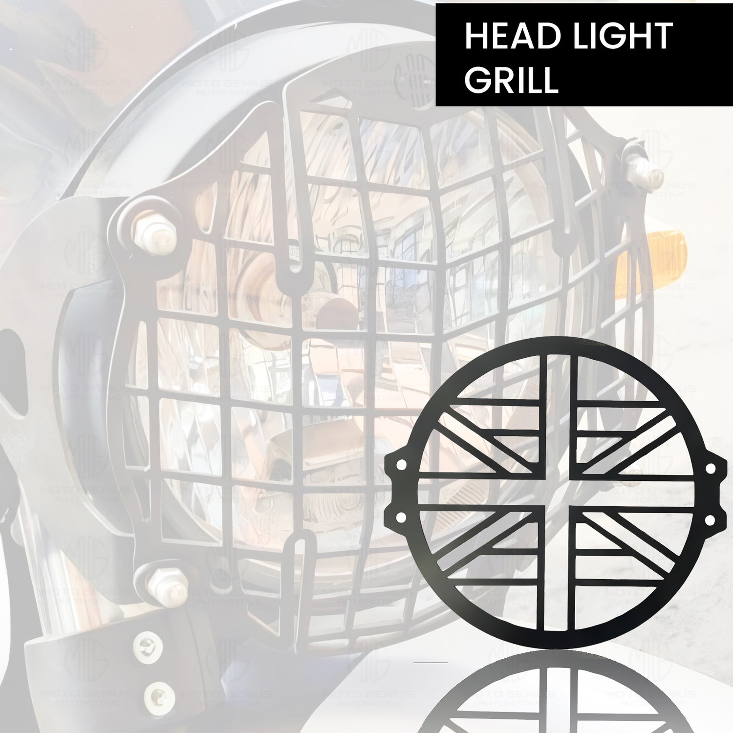 Image of Moto Genius Front Headlight Grill Guard for Meteor | Durable Metal Protector | Plus Design Bike Headlight Grill