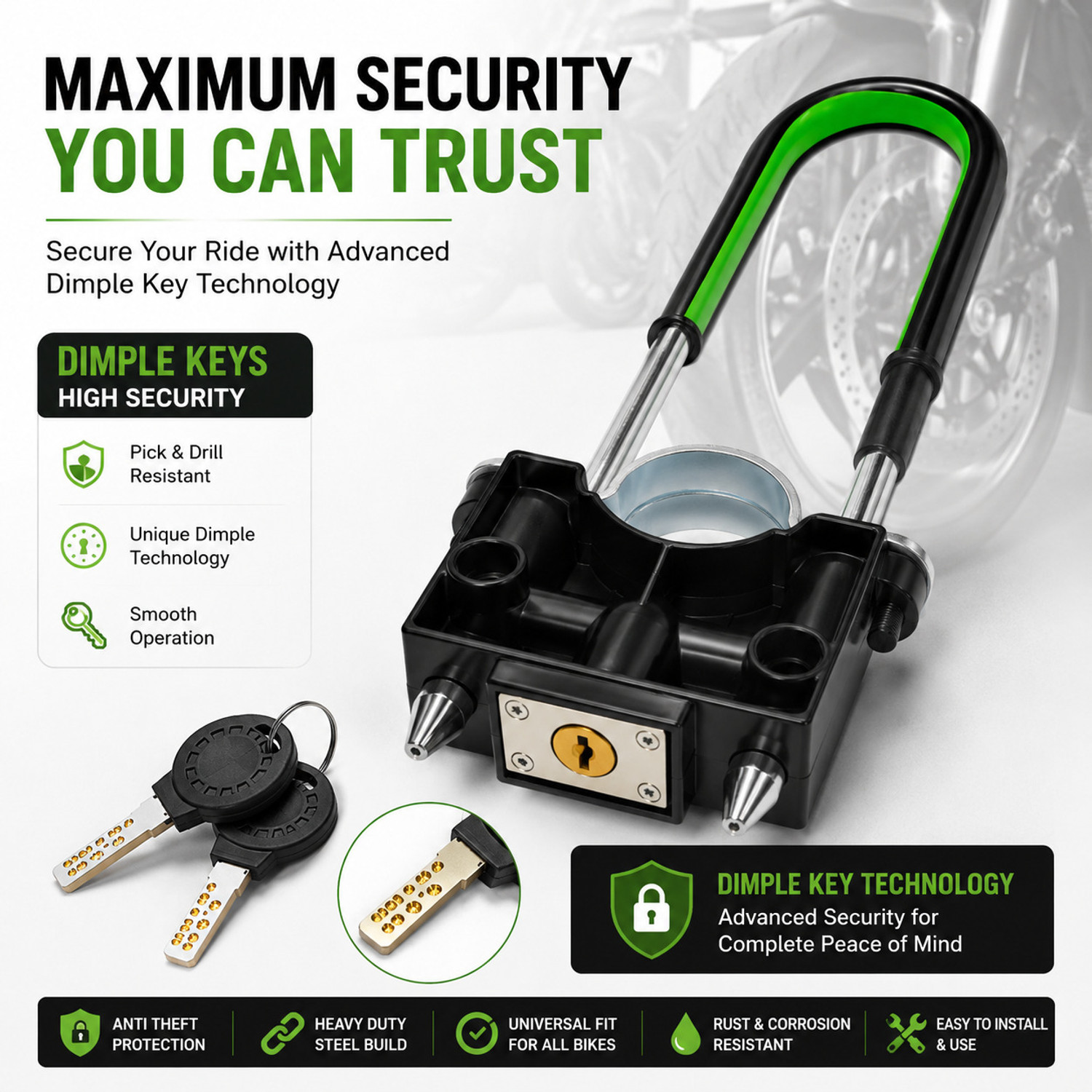 Image of RUSHKO RUSHKO Front Fork Bike Wheel Lock Heavy Duty Anti-Theft Free L-Key 2-Dimple Keys Wheel Lock
