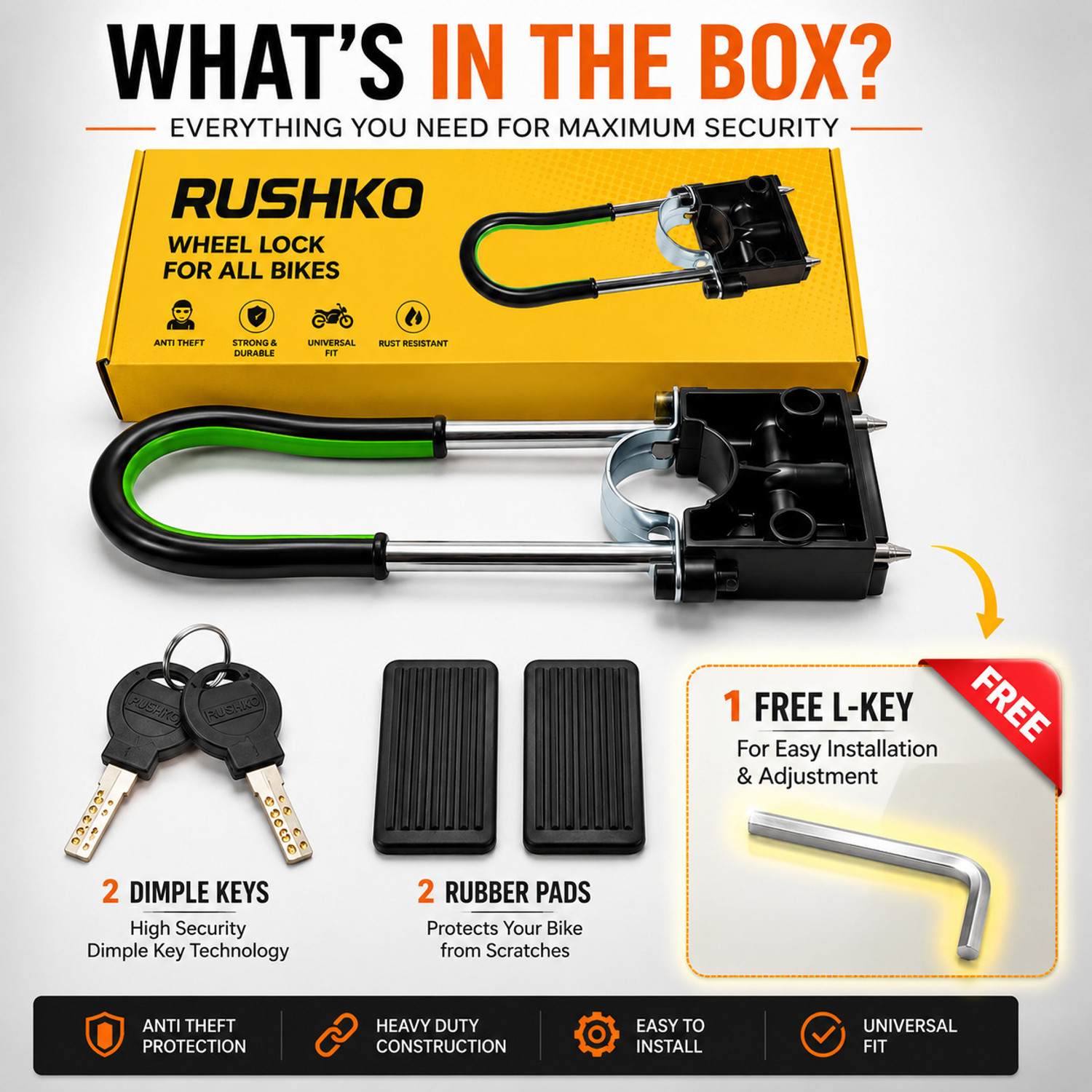 Image of RUSHKO RUSHKO Front Fork Bike Wheel Lock Heavy Duty Anti-Theft Free L-Key 2-Dimple Keys Wheel Lock