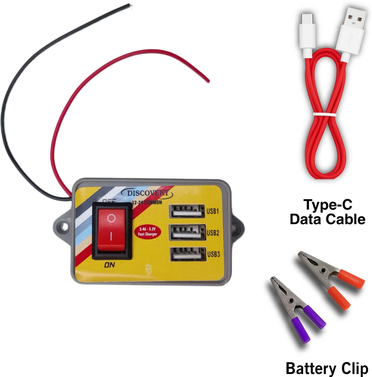 Highglow 3 USB 12V–24V Bike Car Fast Charger Kit| Battery Clips & Type-C Cable Included 3.5 A Bike Mobile Charger