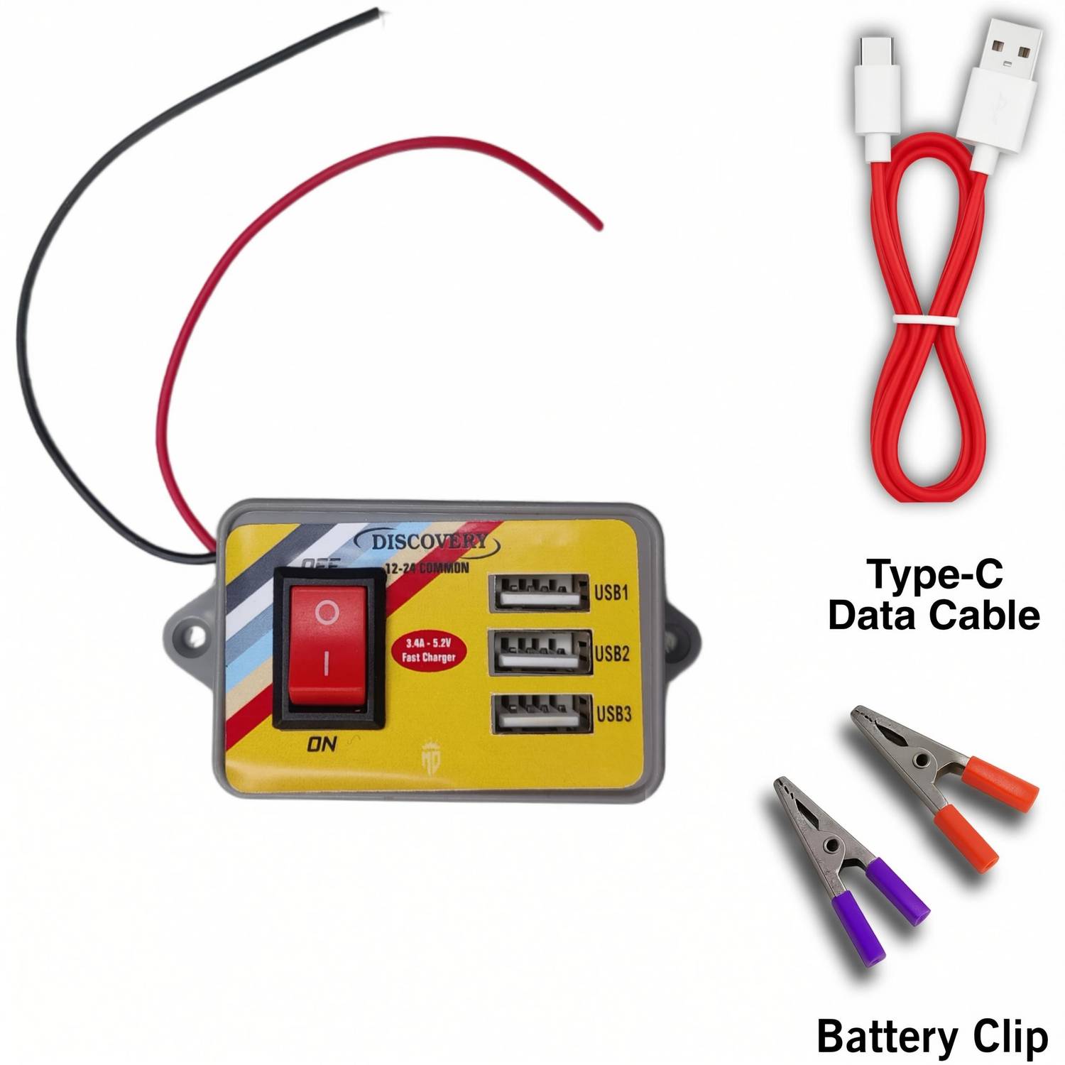 Highglow 3 USB 12V–24V Bike Car Fast Charger Kit| Battery Clips & Type-C Cable Included 3.5 A Bike Mobile Charger