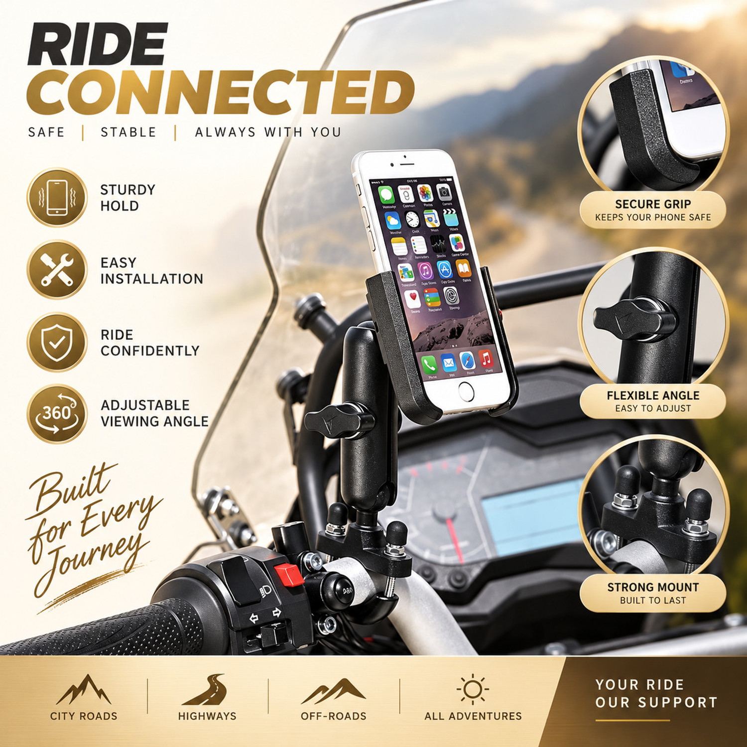 Image of FITRIC Premium Mobile Support Stand for Motorcycle and Bicycle Handlebars Bike Mobile Holder (Black)
