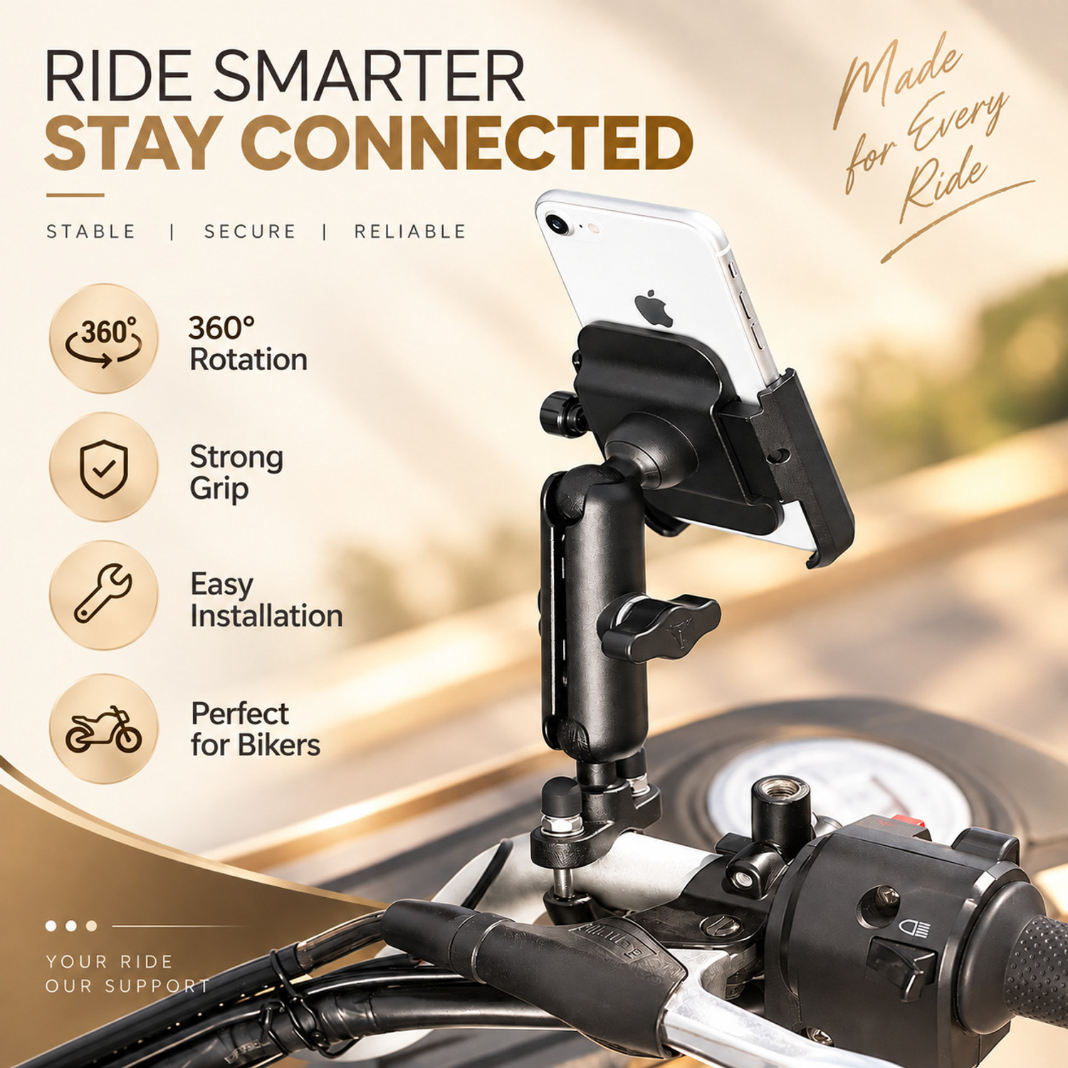 Image of FITRIC Premium Mobile Support Stand for Motorcycle and Bicycle Handlebars Bike Mobile Holder (Black)