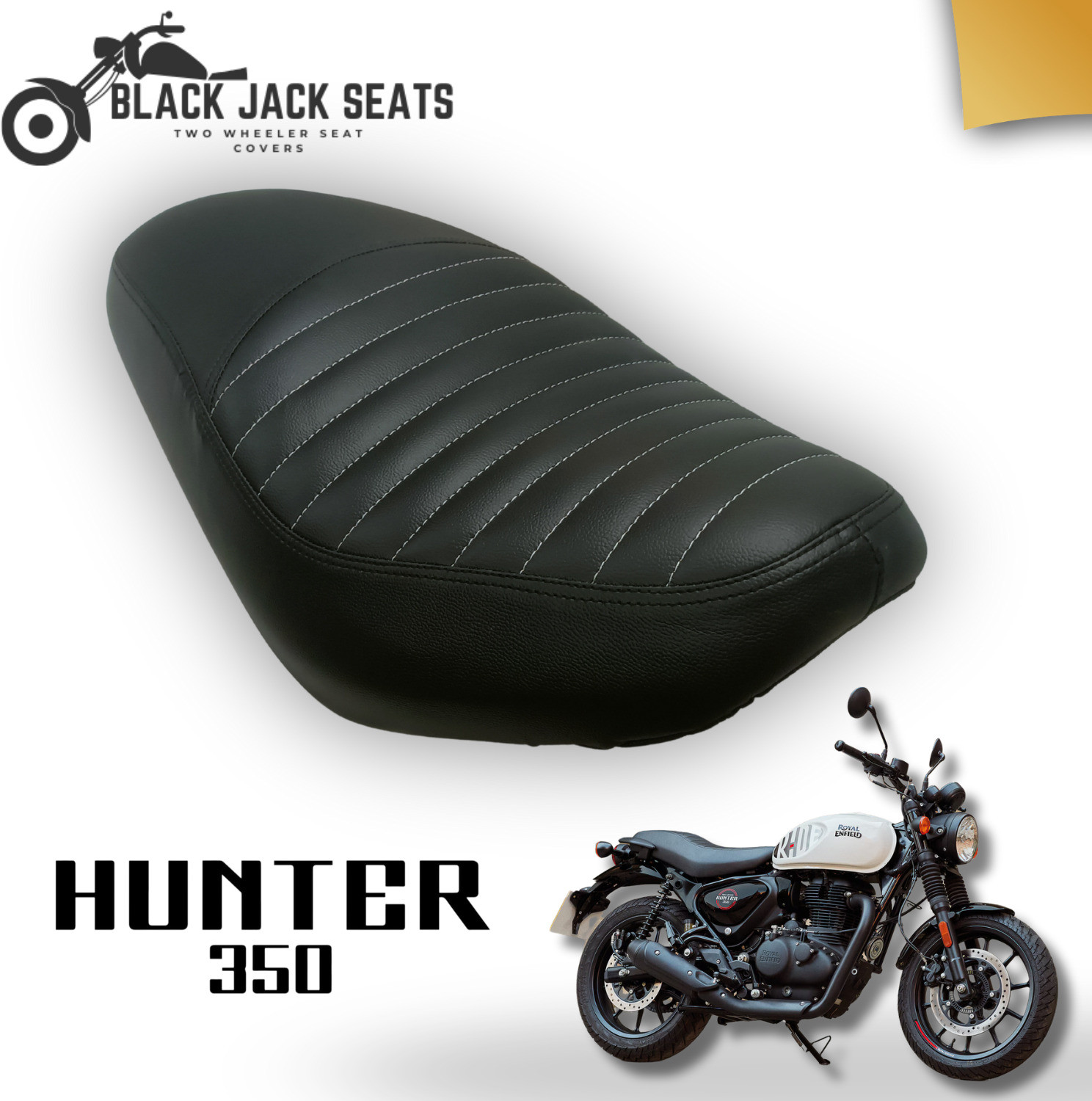 Image of blackjackseats Hunter 350 Premium Pleated Seat cover with white nylon stitch Single Bike Seat Cover For Royal Enfield 350 Twin Spark