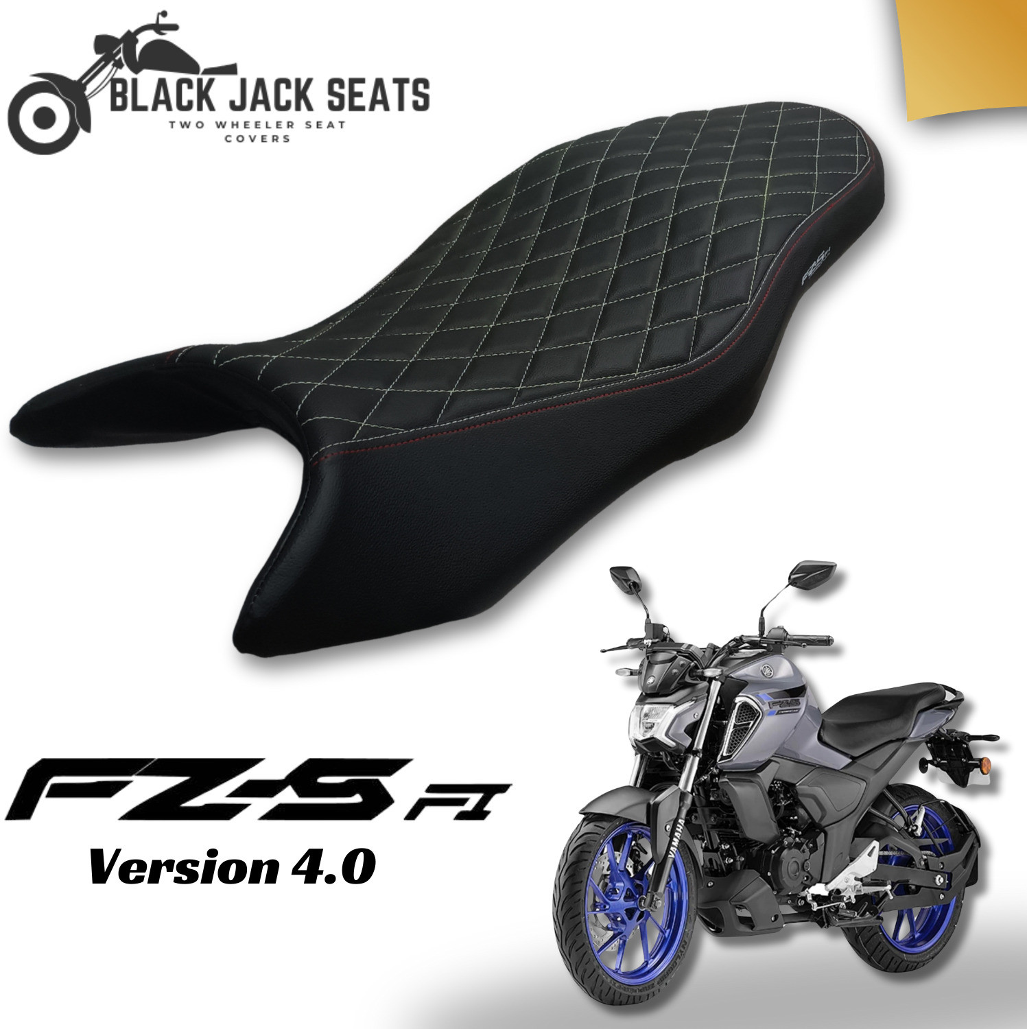 Image of blackjackseats FZ-S Version 4.0 Diamond Cut Seat Cover - Premium Stitching, High-Density Foam Single Bike Seat Cover For Yamaha FZ-S
