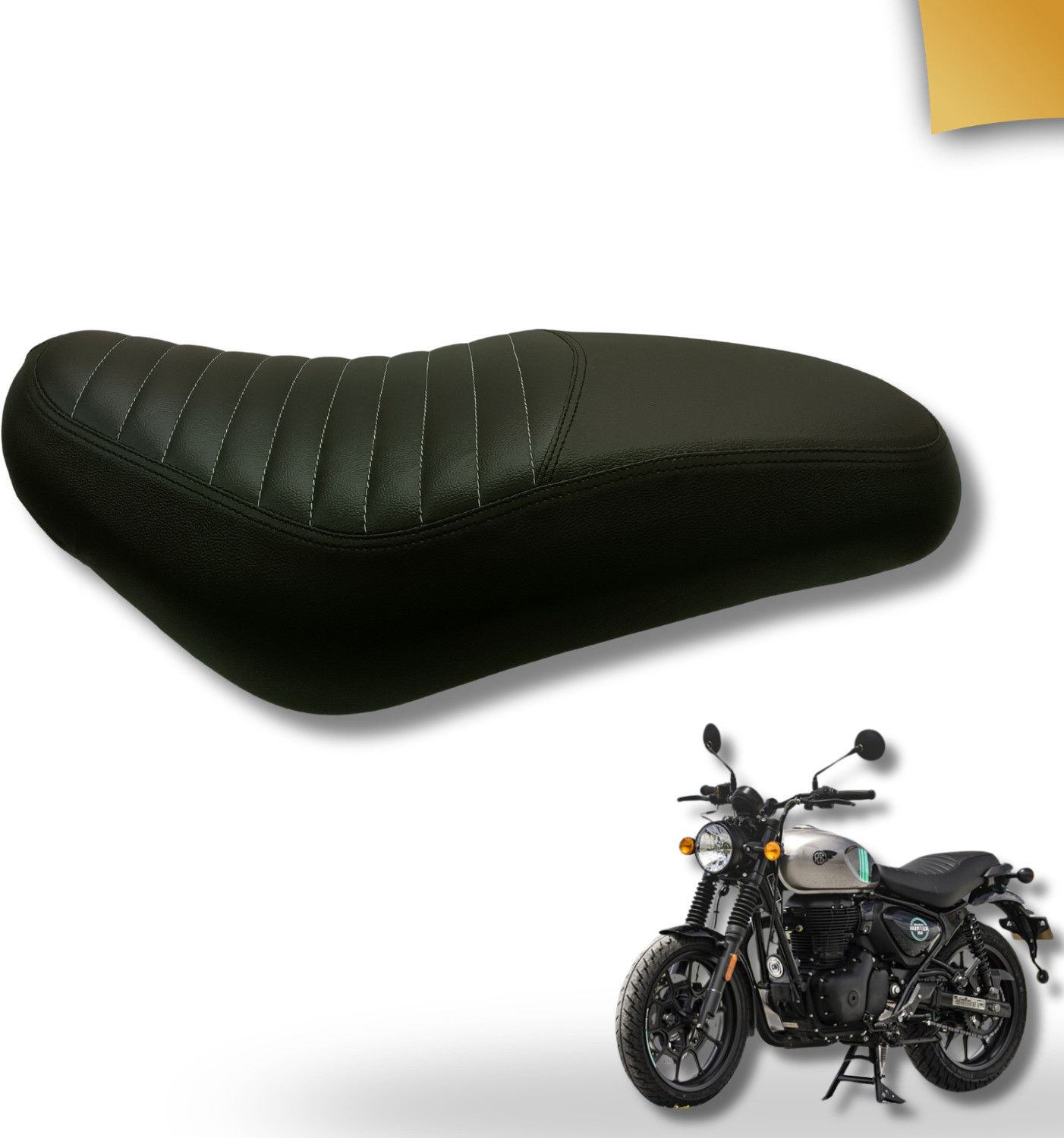 Image of blackjackseats Hunter 350 Premium Pleated Seat cover with white nylon stitch Single Bike Seat Cover For Royal Enfield 350 Twin Spark