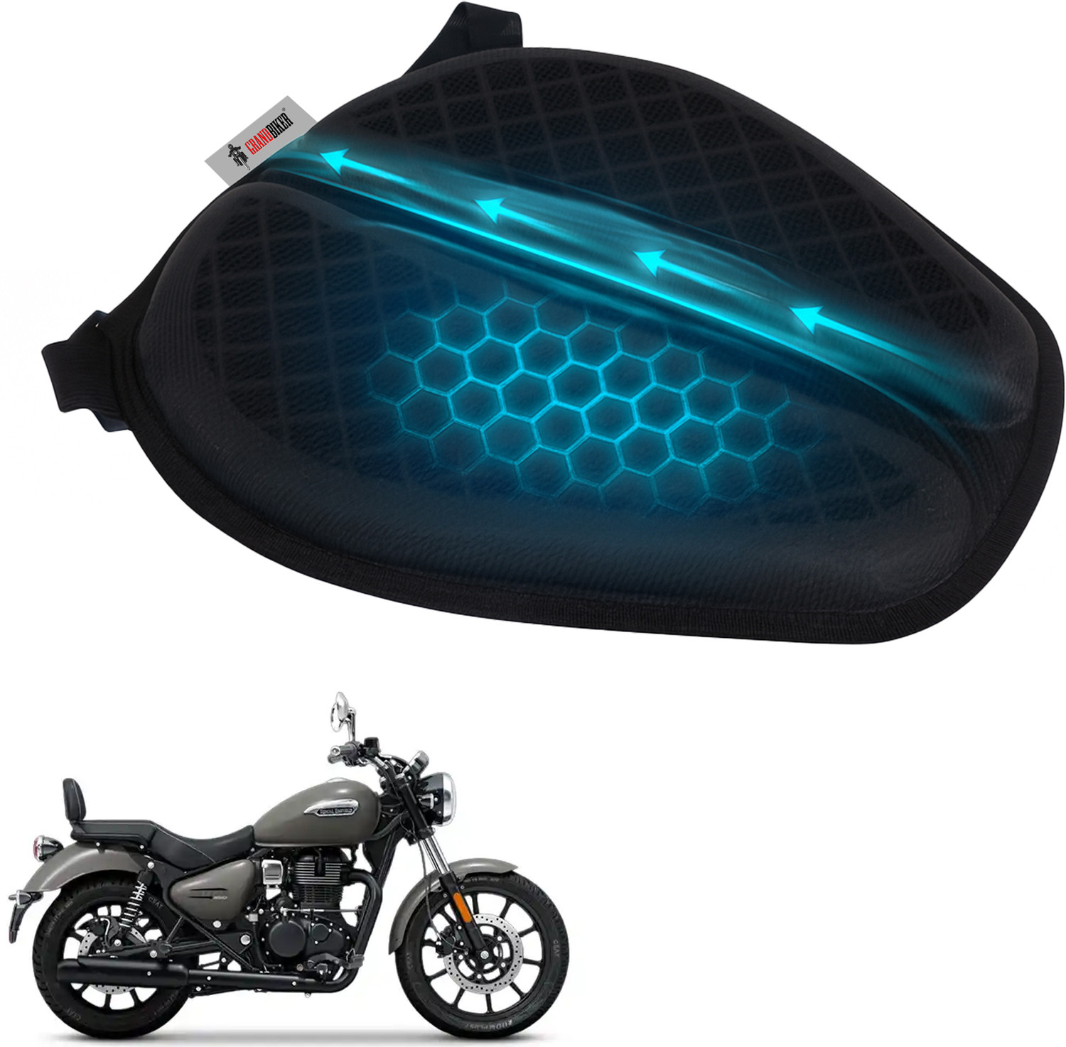 Image of Grandbiker Gel Air Seat Cushion 3D Honeycomb Gel Structure Cover for Long Rides Single Bike Seat Cover For Royal Enfield Meteor 350