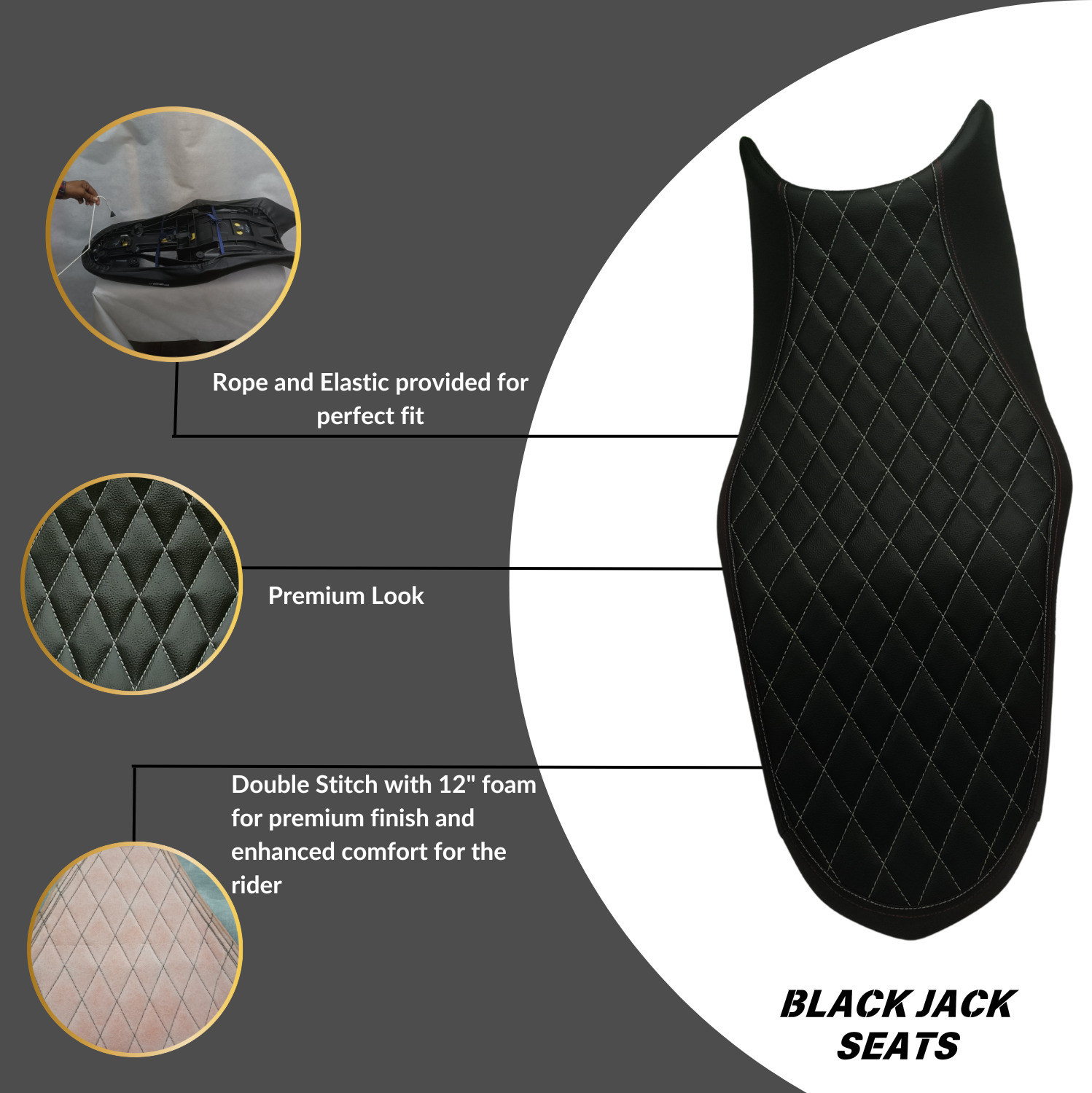 Image of blackjackseats FZ-S Version 4.0 Diamond Cut Seat Cover - Premium Stitching, High-Density Foam Single Bike Seat Cover For Yamaha FZ-S