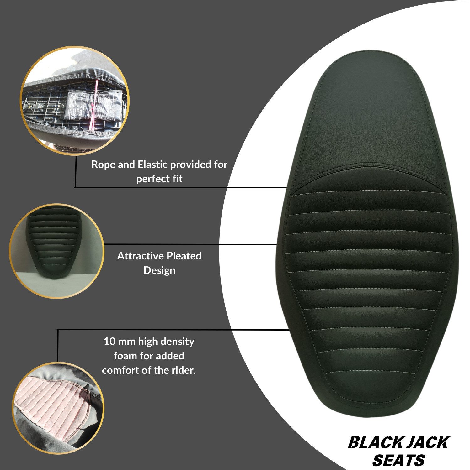 Image of blackjackseats Hunter 350 Premium Pleated Seat cover with white nylon stitch Single Bike Seat Cover For Royal Enfield 350 Twin Spark