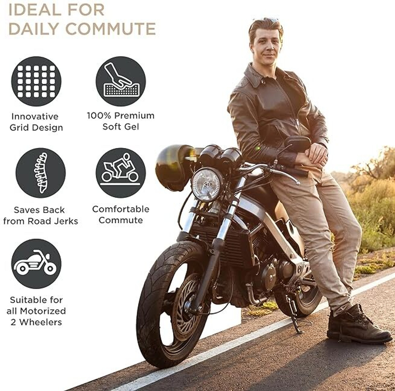 Image of FOVERA Motorcycle Gel Cushion - Supports Sit Bones, Tailbone, and Buttock Muscles- Single Bike Seat Cover For Universal For Bike NA