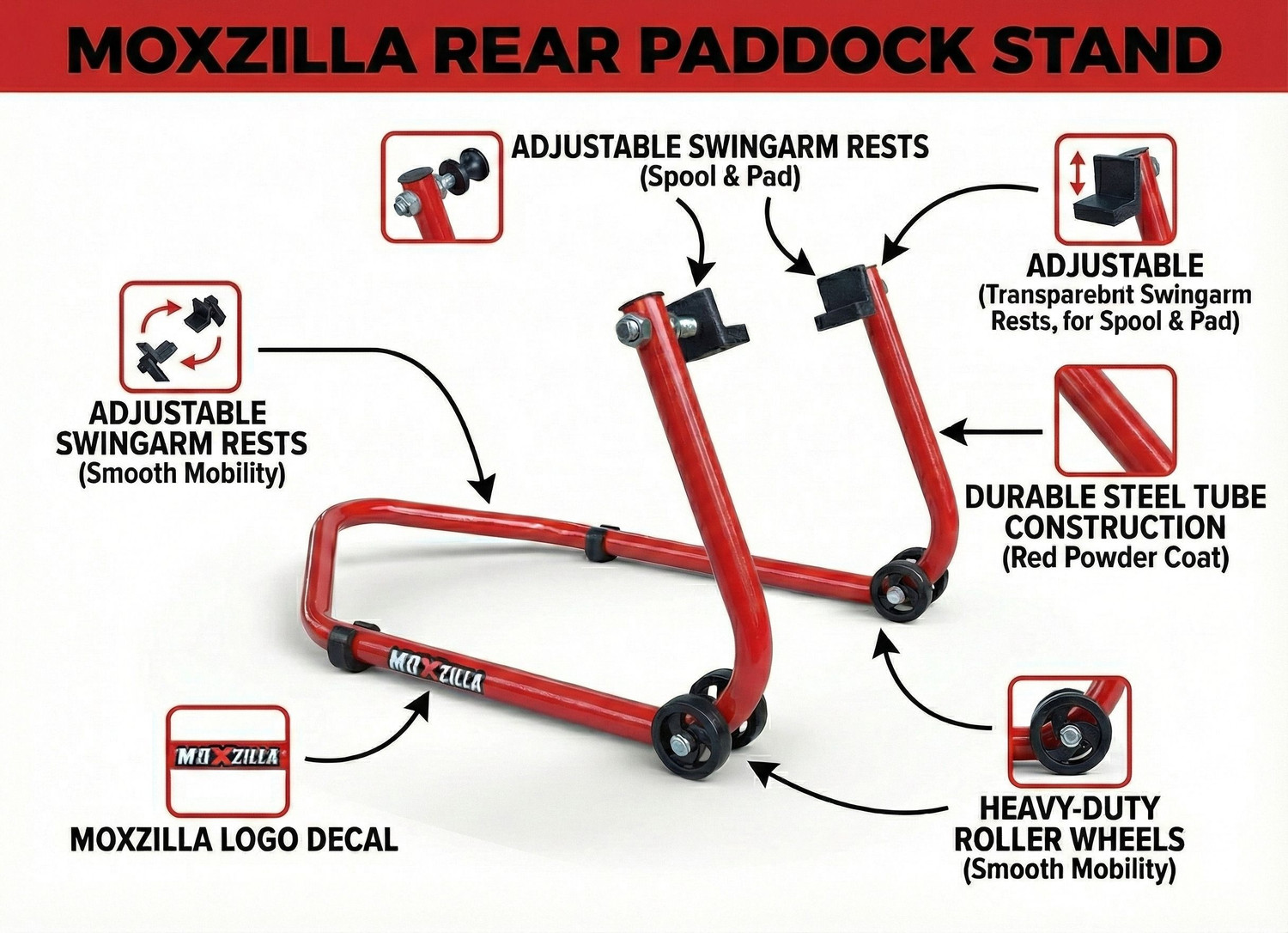 Image of MOXZILLA Universal Steamline Paddock Stand Red Suitable for All bikes Bike Storage Stand