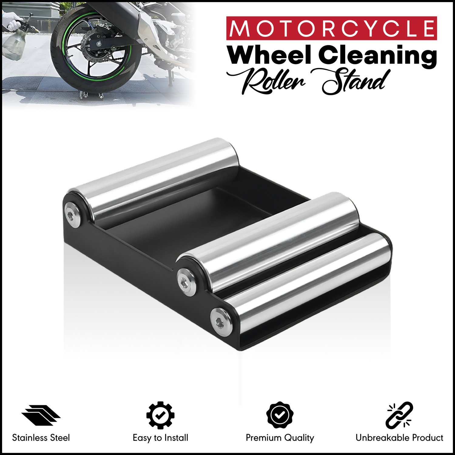 Image of OBEROI'S TRADERS Paddock Stand Wheel Roller for Motorcycle Chain Cleaning and Bikes Lubrication Bike Storage Stand