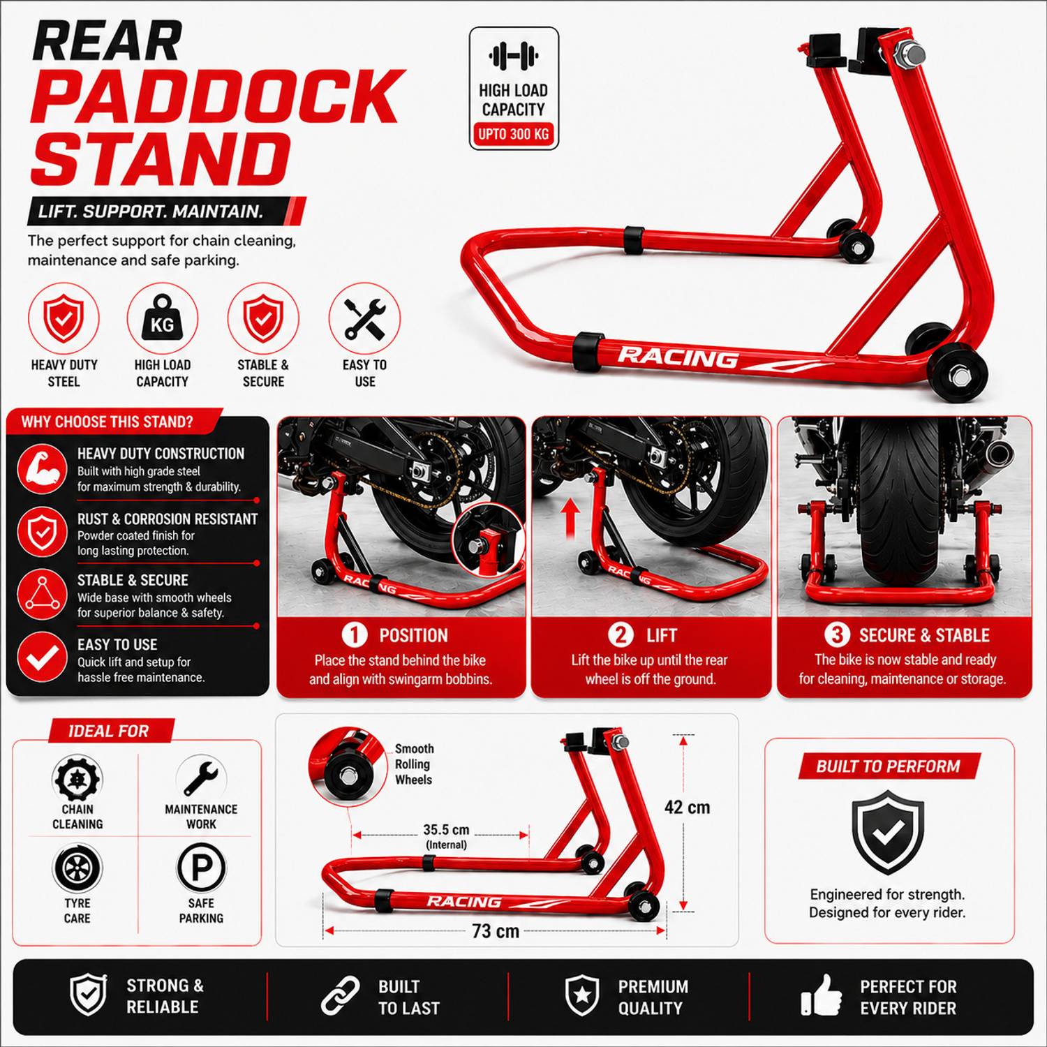 LASERKART Universal Racing Rear Paddock Stand for All Bikes, Red - Image 2
