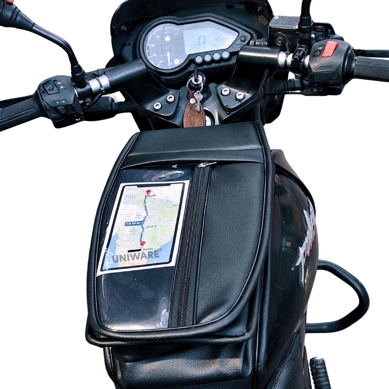 Image of Uniware Leather Scratch Proof Tank Cover /Bag with Mobile Touch Pocket Strap Bajaj Pulsar, Pulsar 125 Neon, Pulsar 150, Pulsar 180 DTS-i Bike Tank Cover
