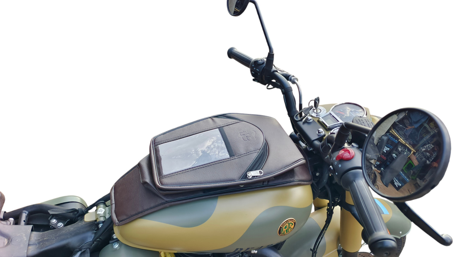 Image of TRENDZ REXINE WORK ROYAL ENFIRLD TANK COVER BROWN FOR CLASSIC350 /500 ELECTRA STANDARD Strap Royal Enfield Classic 350, Classic 500, Classic Desert Storm, Electra Twin Spark, Classic Chrome Bike Tank Cover