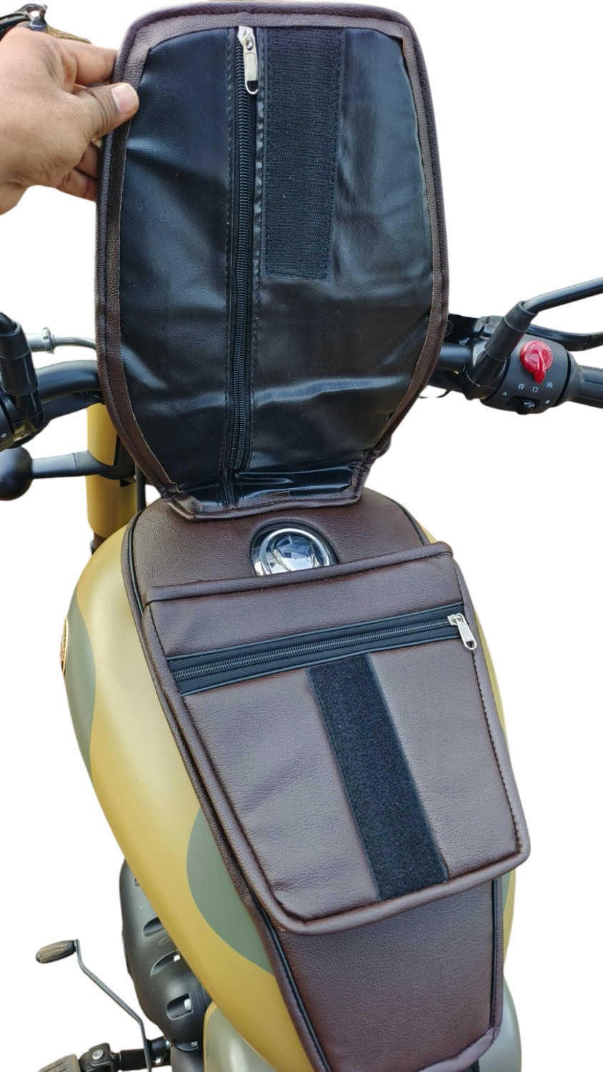 Image of TRENDZ REXINE WORK ROYAL ENFIRLD TANK COVER BROWN FOR CLASSIC350 /500 ELECTRA STANDARD Strap Royal Enfield Classic 350, Classic 500, Classic Desert Storm, Electra Twin Spark, Classic Chrome Bike Tank Cover