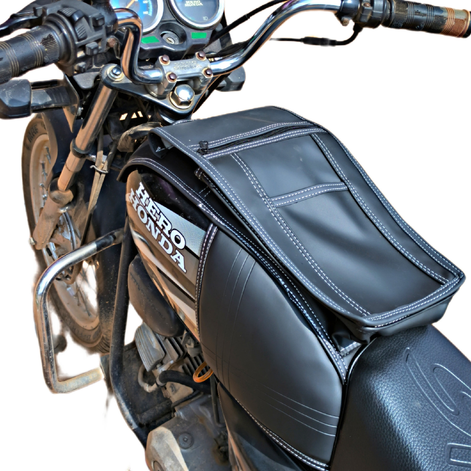 Image of REXIN M D Liners white stitched Strap Hero Splendor Bike Tank Cover