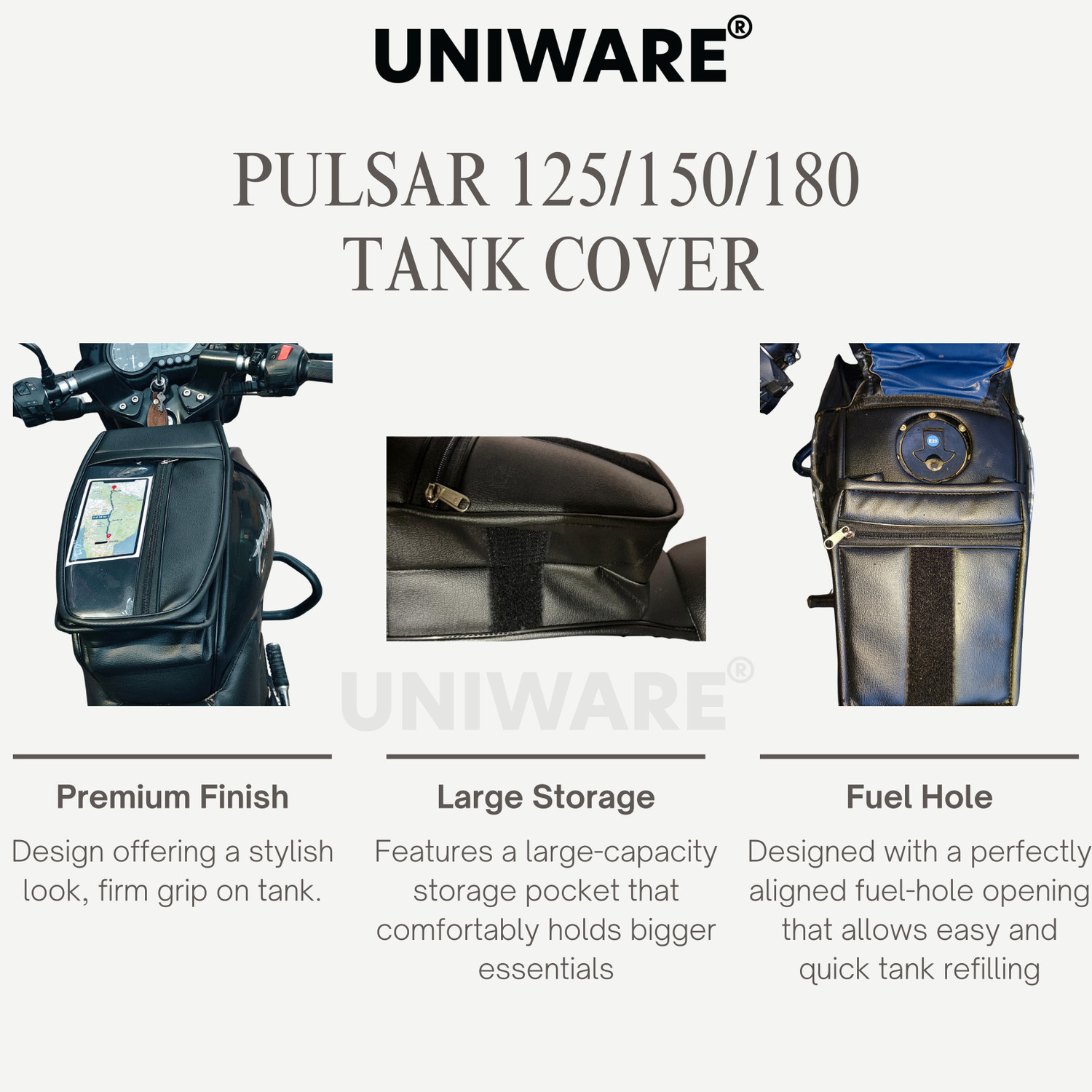 Image of Uniware Leather Scratch Proof Tank Cover /Bag with Mobile Touch Pocket Strap Bajaj Pulsar, Pulsar 125 Neon, Pulsar 150, Pulsar 180 DTS-i Bike Tank Cover