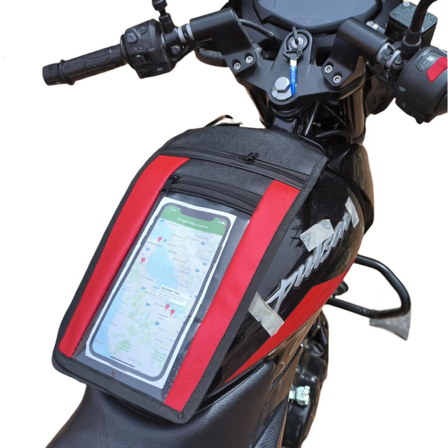 Image of REXIN M D Liners Red Mobile pouch Strap Bajaj Pulsar Bike Tank Cover