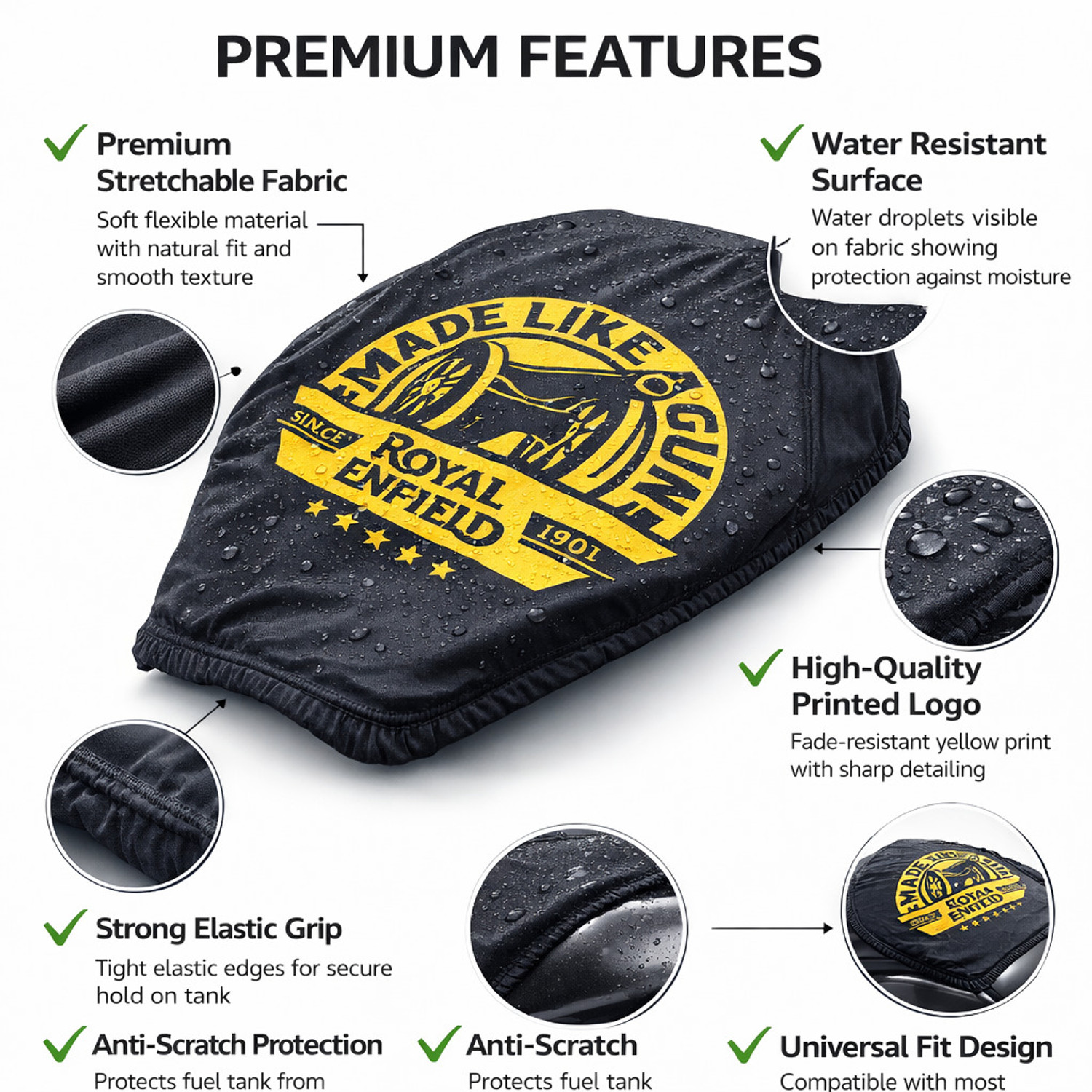Image of TA tank cover black golden gu Strap Royal Enfield Universal For Bike Bike Tank Cover